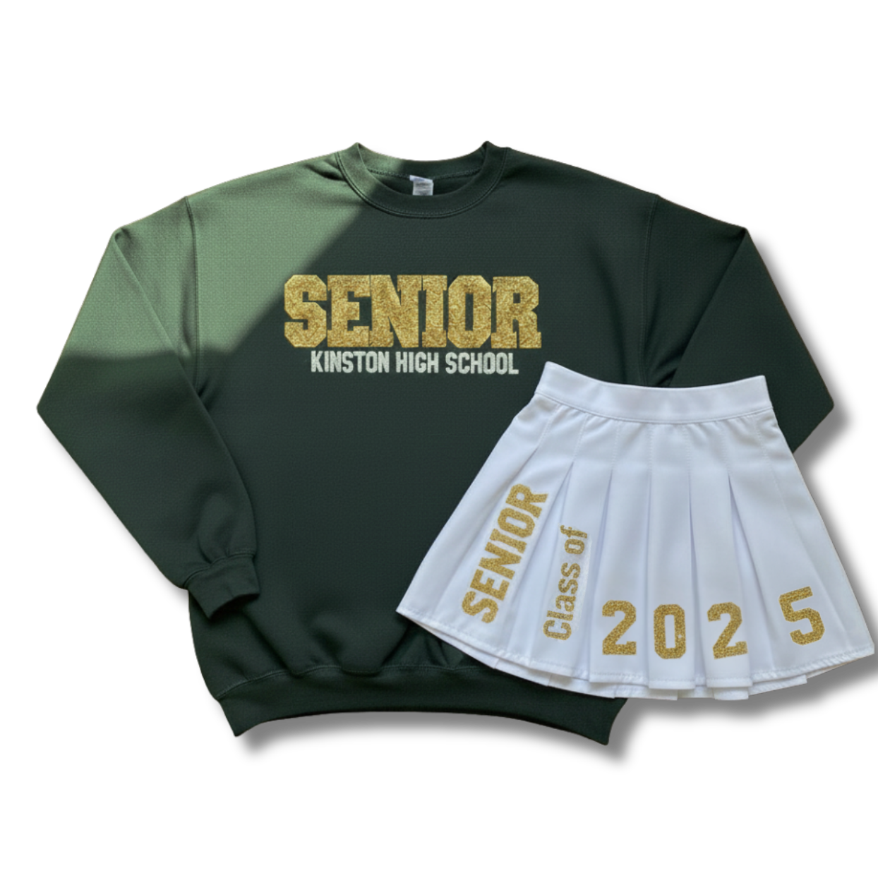 Green sweatshirt and white skirt with 'Senior' and 'Class of 2025' text on a white background