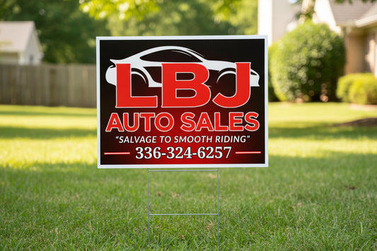 LBJ Auto Sales logo with contact information on a black background