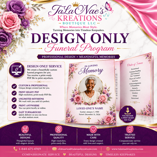Custom Funeral Program Design Only –  We Design, Customer Prints