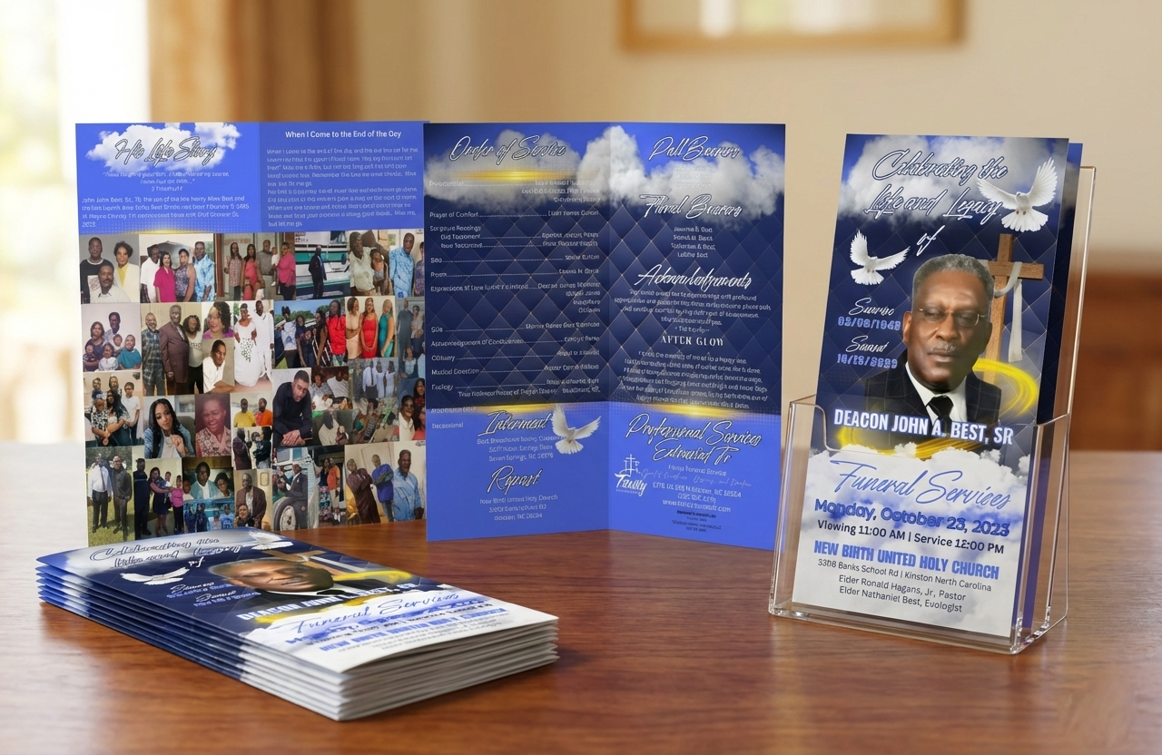 Funeral service large trifold programs displayed on a table with a focus on design and layout.