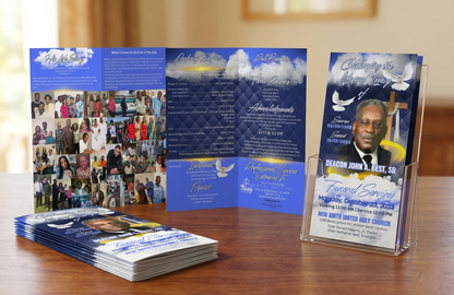 Funeral service large trifold programs displayed on a table with a focus on design and layout.