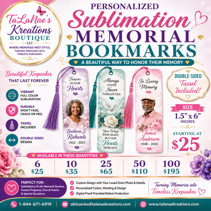 Personalized Sublimation Memorial Bookmarks