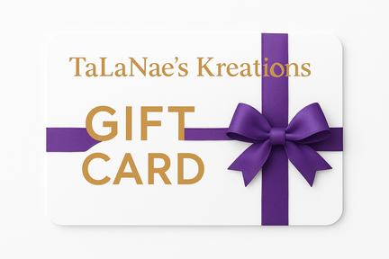 Gift card with purple ribbon and bow from TaLaNae's Kreations on a white background