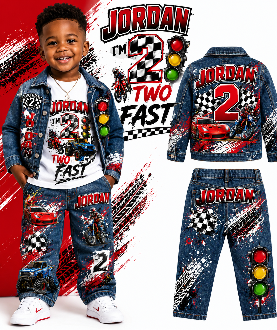 Child's outfit with 'Jordan' and racing theme on a red and white background