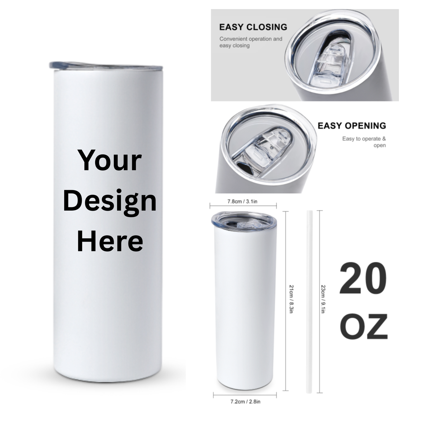 White tumbler with design placeholder, opening and closing features, and dimensions on a white background