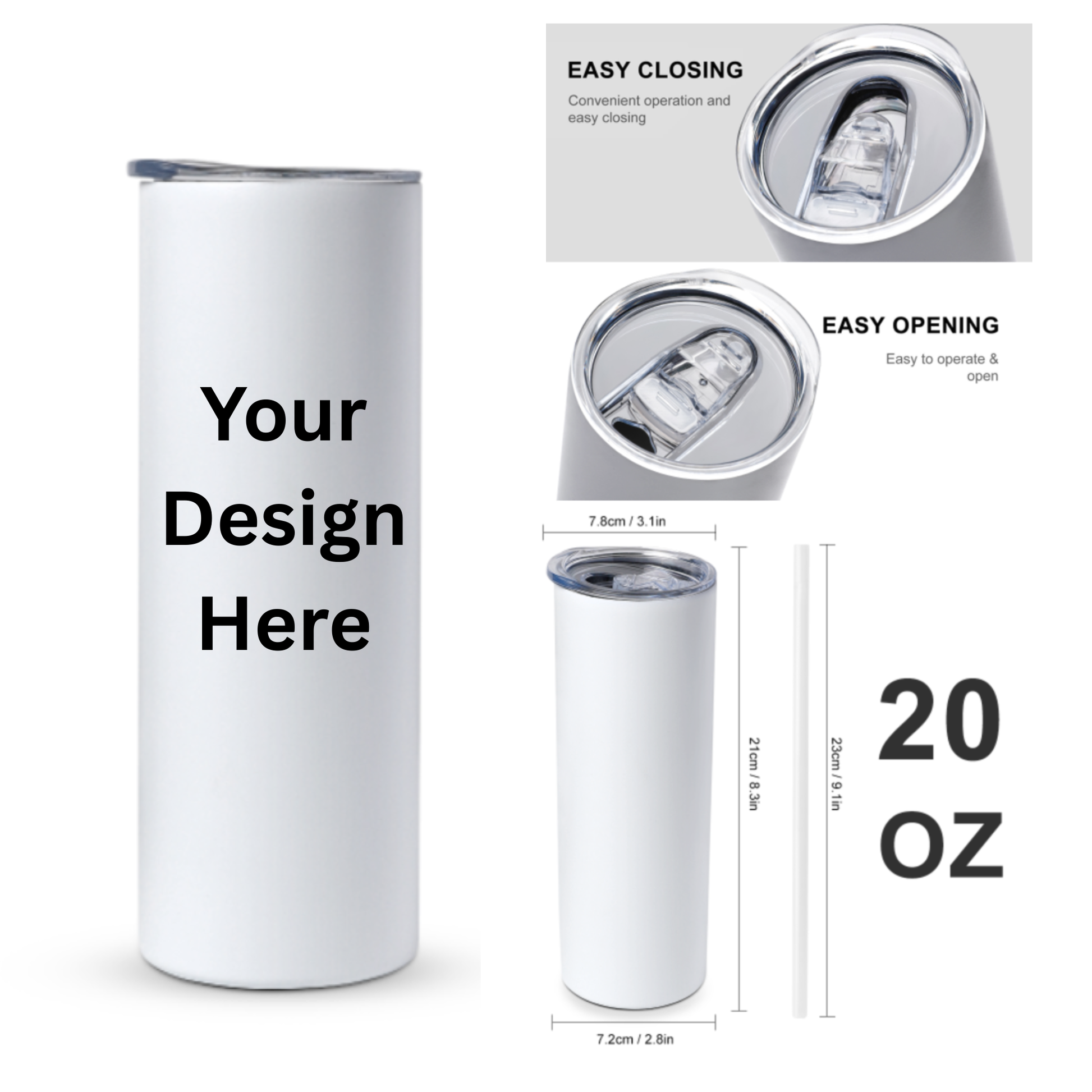 White tumbler with design placeholder, opening and closing features, and dimensions on a white background
