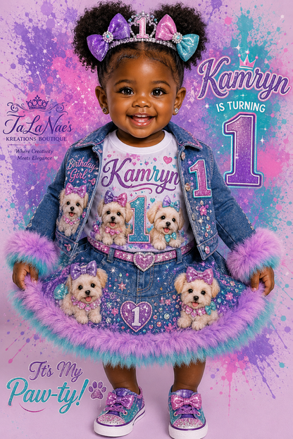 Child celebrating a birthday with a colorful background and text