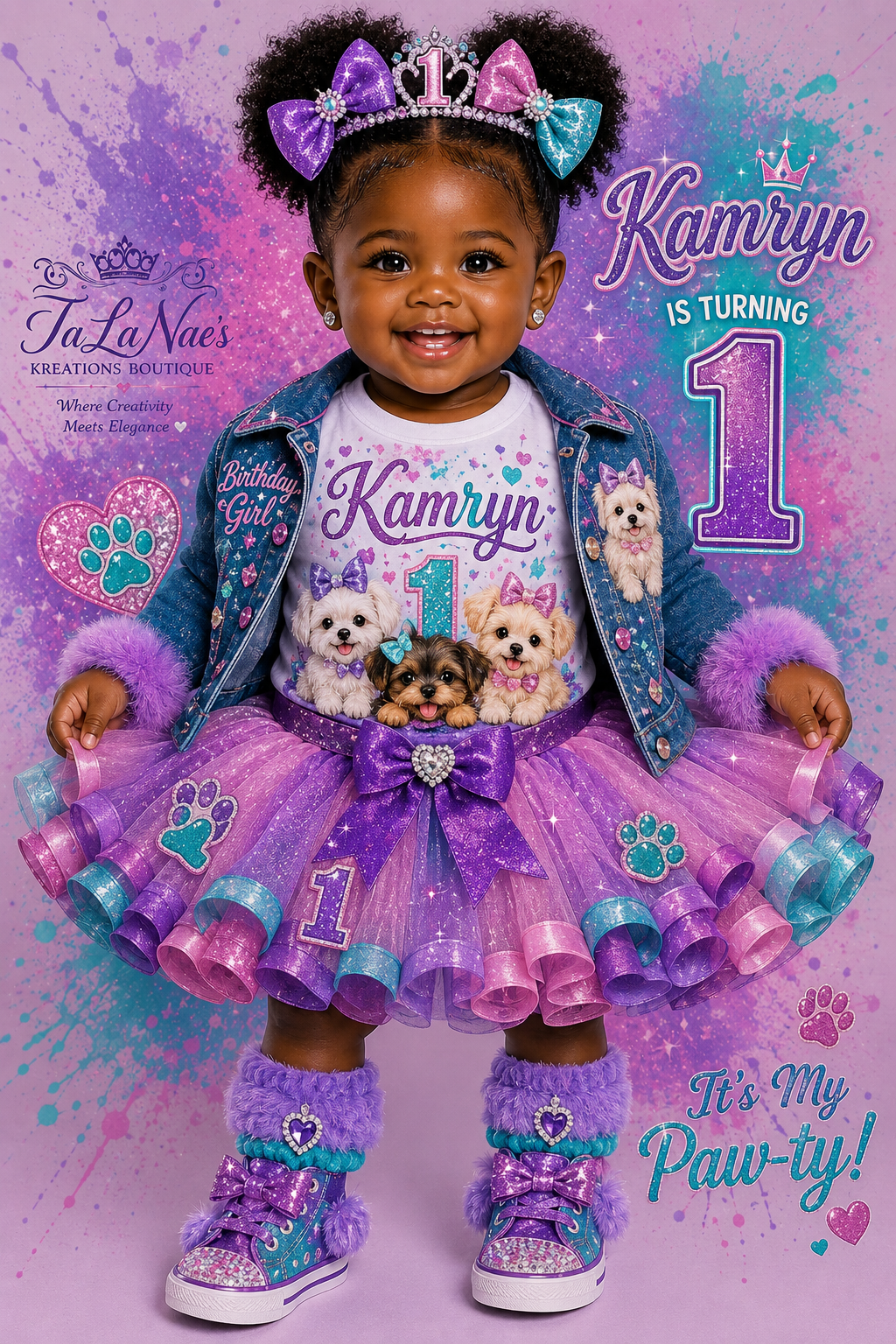 Child in a birthday-themed outfit with 'Kamryn' and '1' on a colorful background