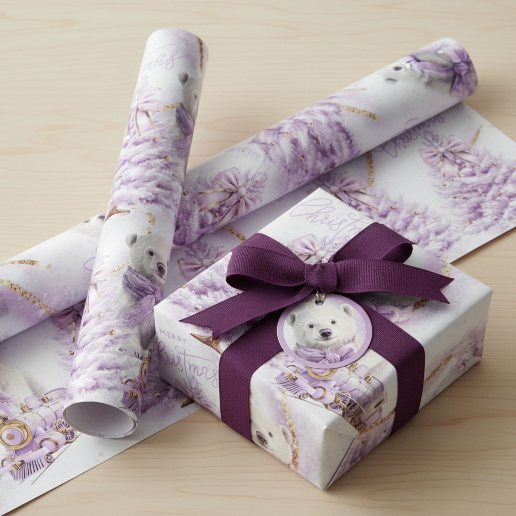 Gift box with purple ribbon and teddy bear design, surrounded by matching wrapping paper on a wooden surface.