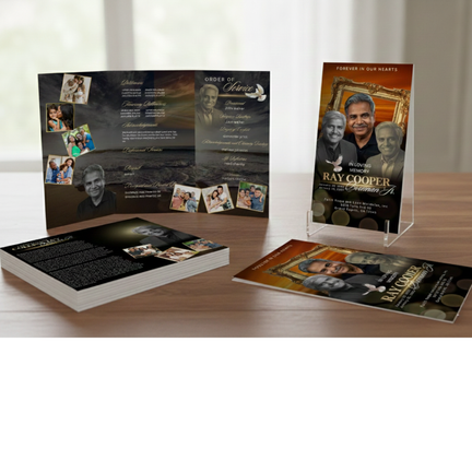 Collection of funeral obituaries with photos and text on a wooden surface.