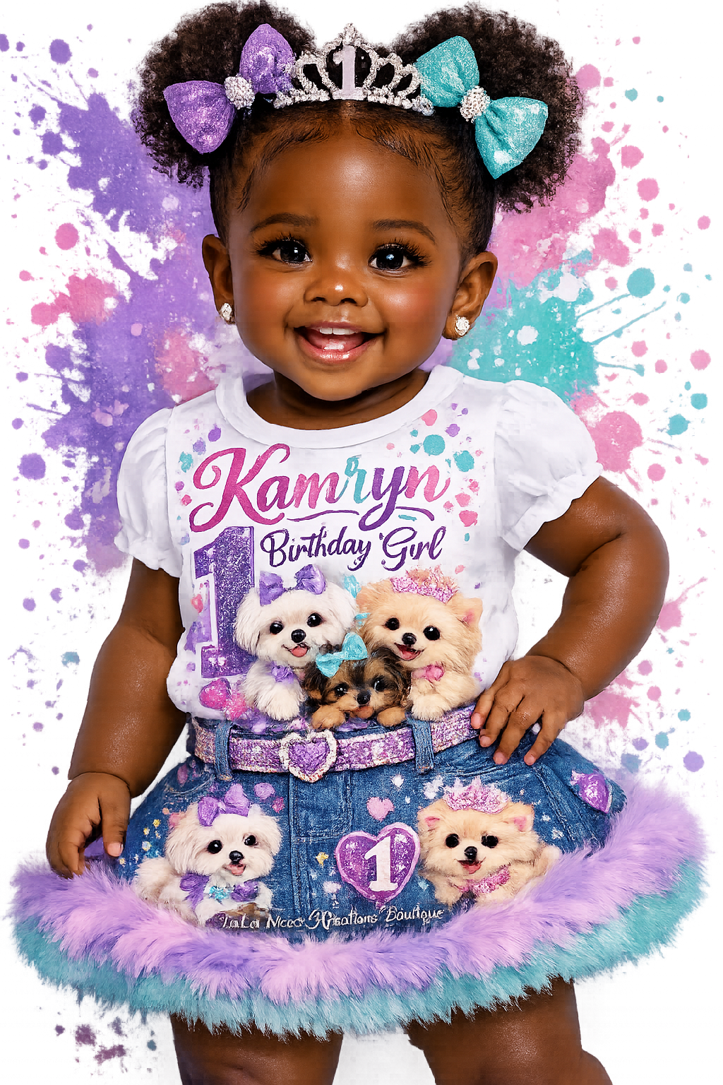 Child wearing a birthday-themed outfit with toys on a colorful background
