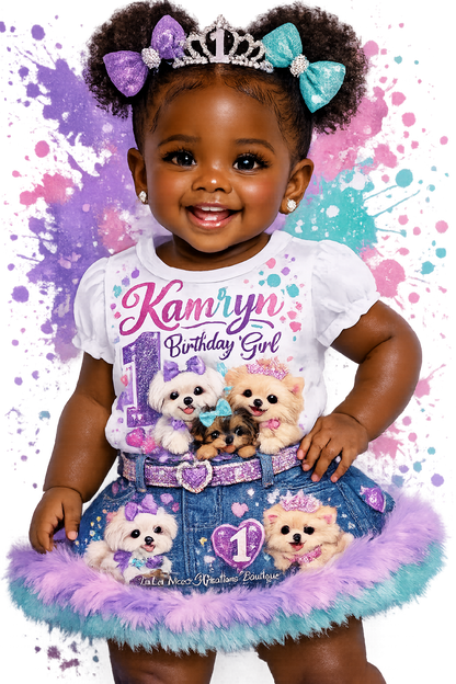 Child wearing a birthday-themed outfit with toys on a colorful background