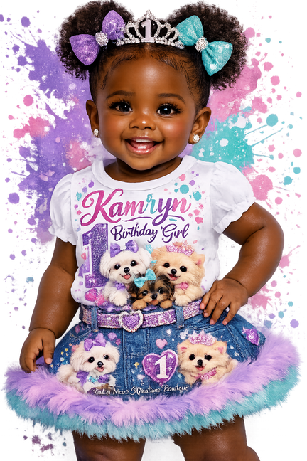 Child wearing a birthday-themed outfit with toys on a colorful background
