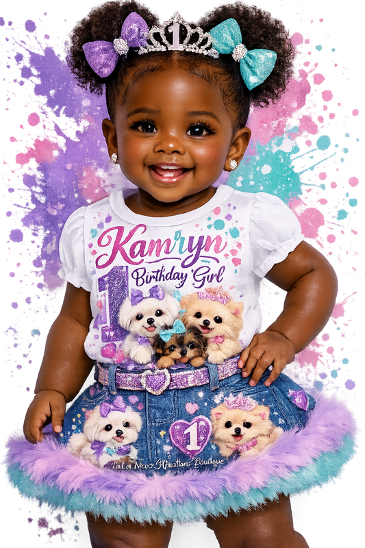 Child wearing a birthday-themed outfit with toys on a colorful background