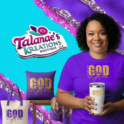 Woman holding a white tumbler with 'God got me' text, surrounded by branded products on a colorful background.