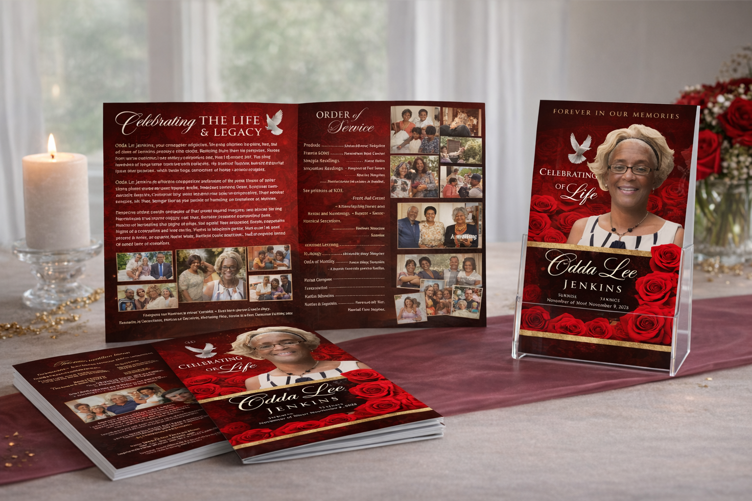 Memorial service programs with photos and text on a table with a candle and flowers.